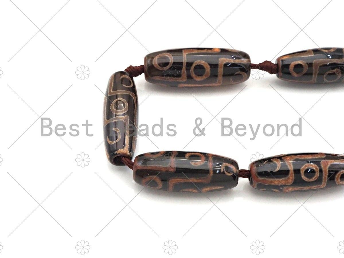 Natural Tibetan Agate Barrel Beads, Brown Black Dzi Drum Beads, Tibetan Dzi Beads, 10x30mm, Sku#U1044