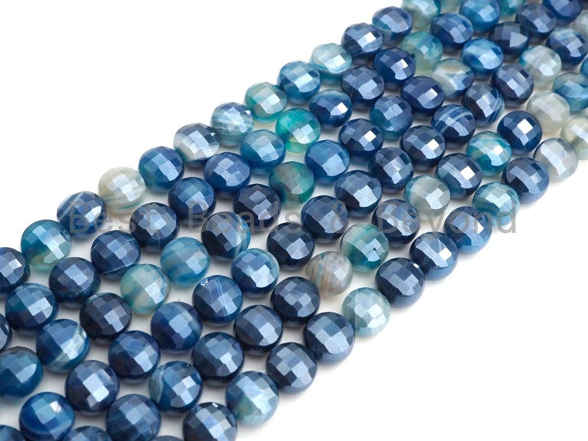Mystic Plated Turtle Shell Cut Natural Agate Coin Shape beads, 6mm/8mm/10mm Blue Banded Agate Beads, 15.5" Full strand, Sku#UA31