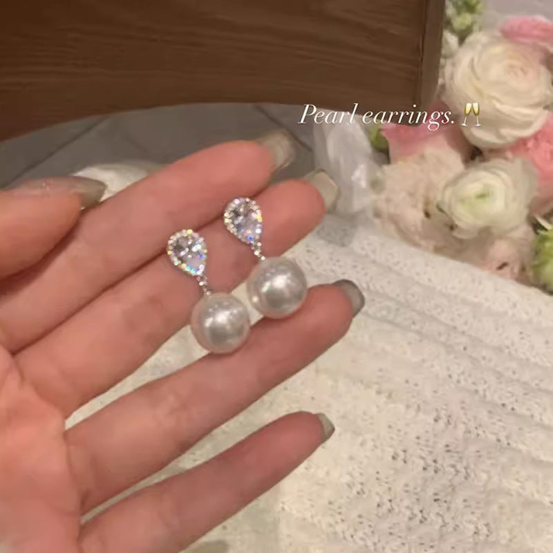 Elegant Teardrop CZ Pearl Drop Earrings For Women, Dainty Cubic Zirconia Pearl Dangle Earrings, Luxury Bridal Wedding Jewelry Gift