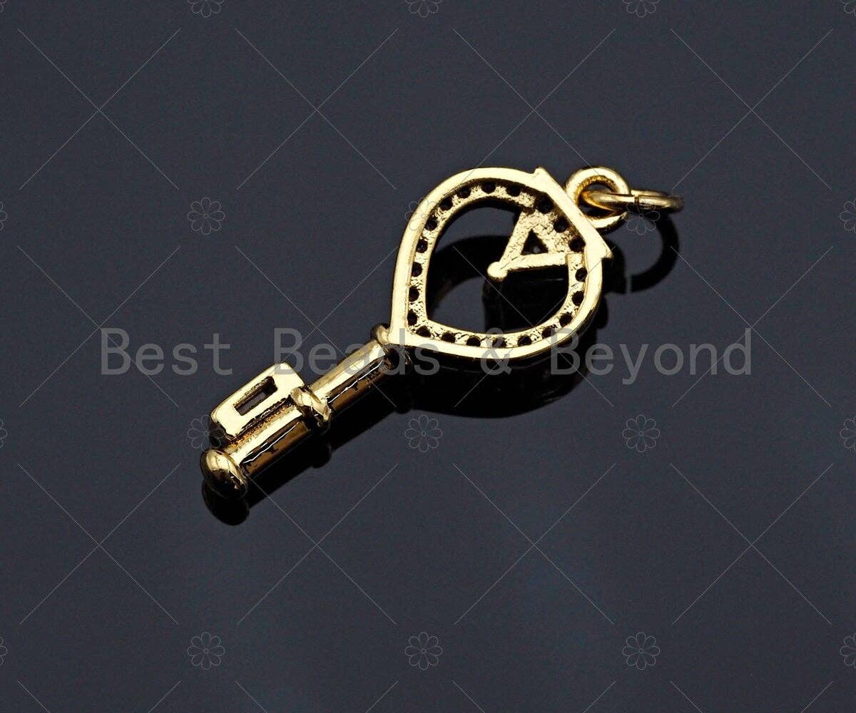 CZ Micro Pave Heart On Key Shape Pendant, Gold/Silver Plated Jewelry, Necklace Bracelet Charm Pendant, 14x28mm,sku#F1242
