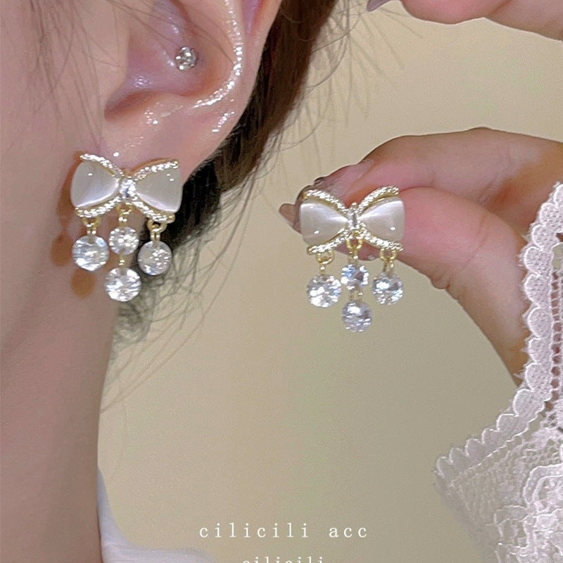 Elegant Bow Cat Eye Stone Drop Earrings For Women, Dainty Gold Plated Crystal Tassel Stud Earrings, Cute Sweet Birthday Jewelry Gift