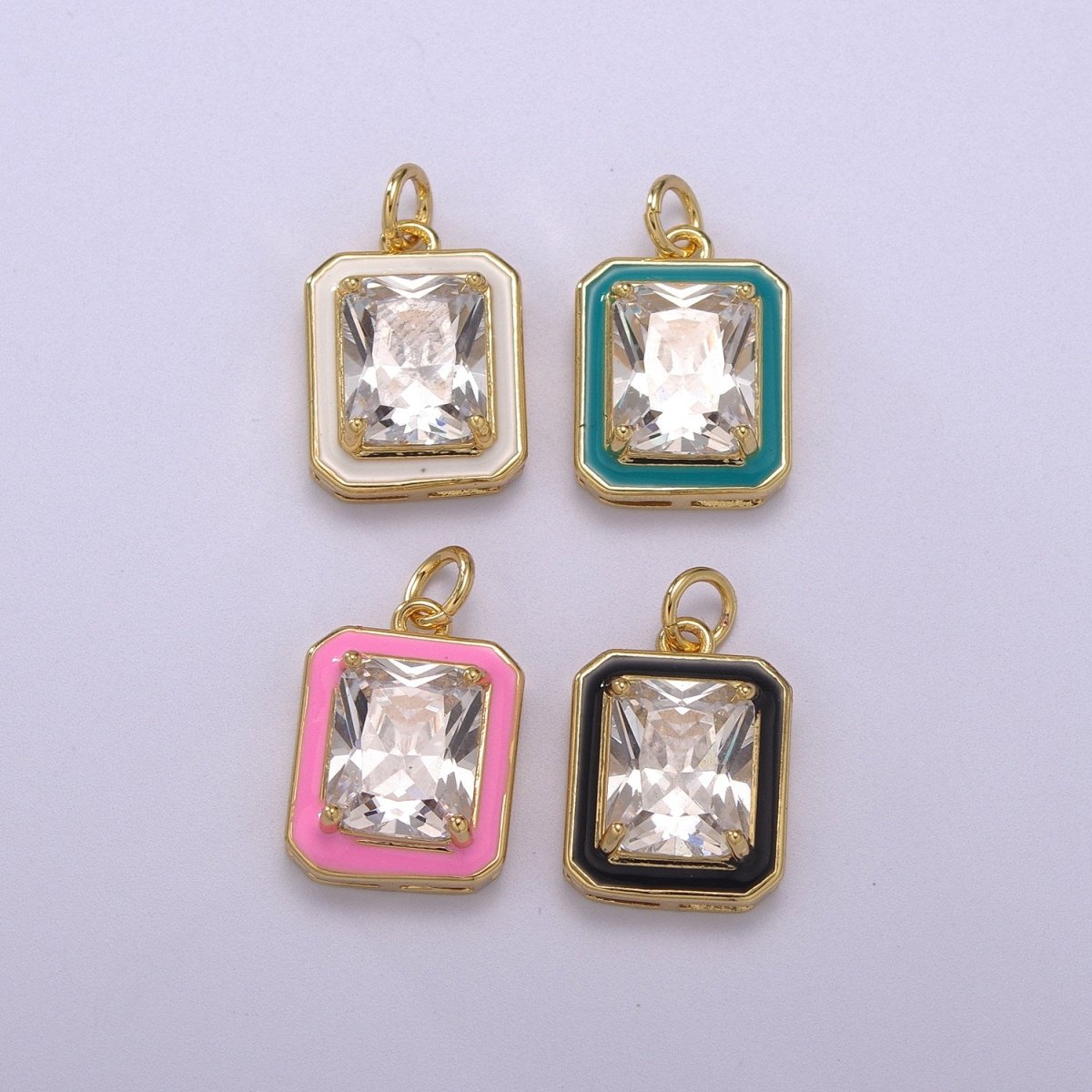 Big Clear CZ Enamel Colorful Square Shape Pendant 14K Gold Filled Enamel Charm, Necklace Bracelet Component M-674 - M-677