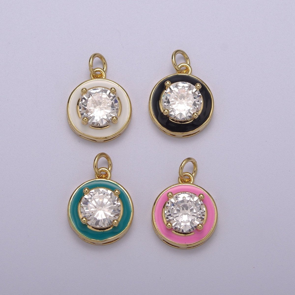 Big Clear CZ Micro Pave on Enamel Colorful Round Coin Shape Pendant 14K Gold Filled Enamel Charm, Necklace Bracelet Component M-662 - M-665