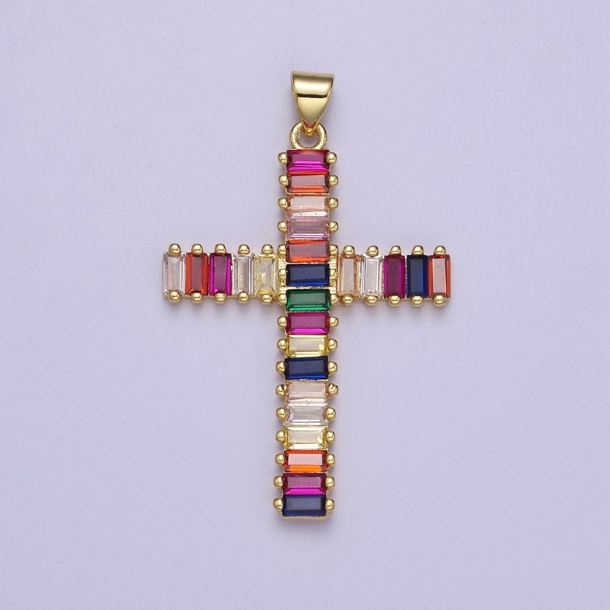 Big Gold Multi Color Baguette Cross Pendant J-612