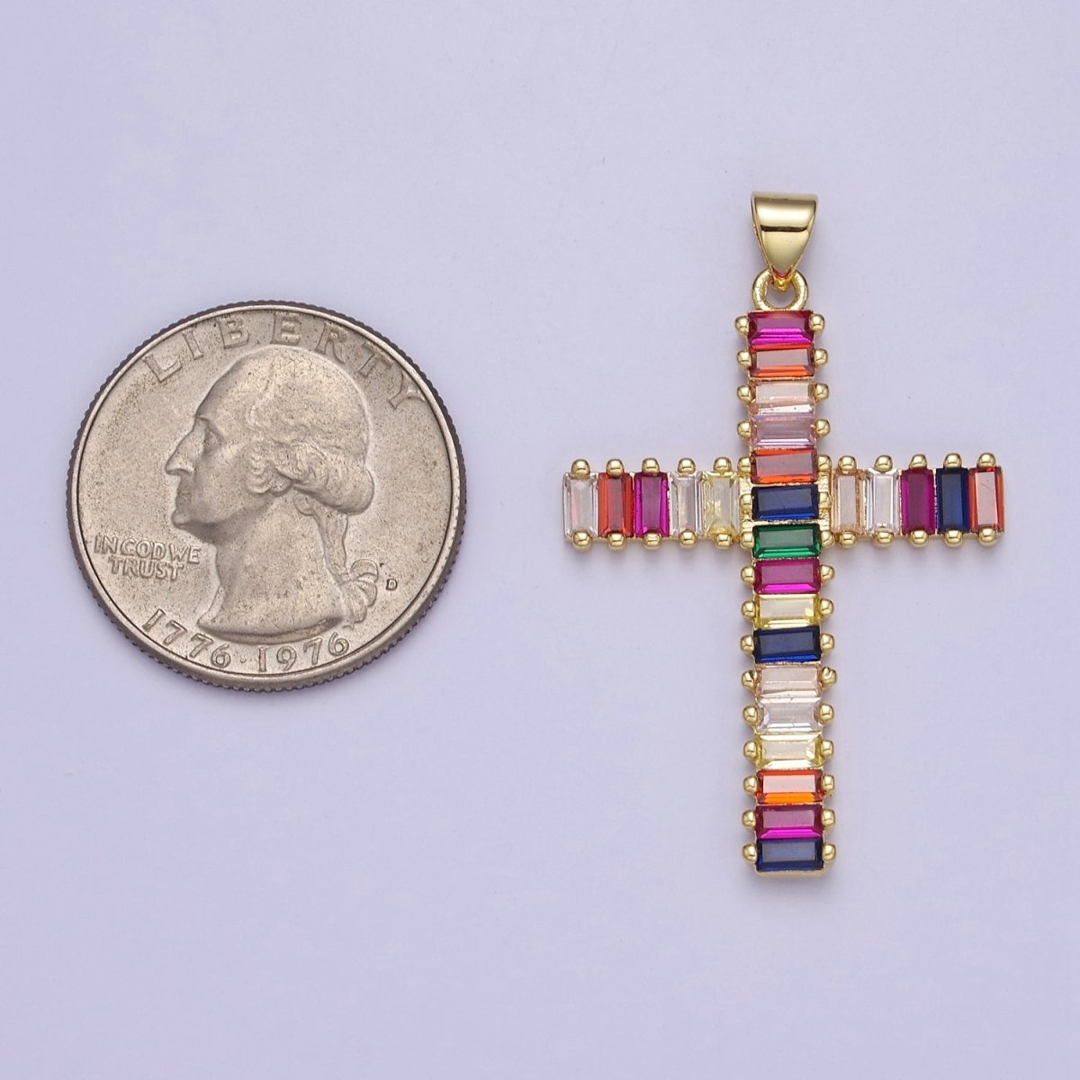 Big Gold Multi Color Baguette Cross Pendant J-612