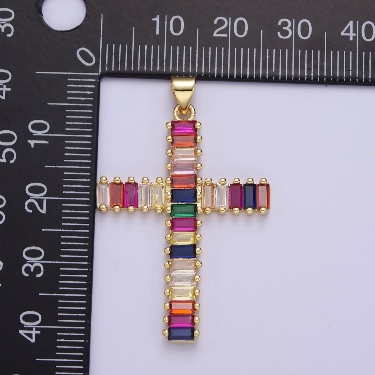 Big Gold Multi Color Baguette Cross Pendant J-612