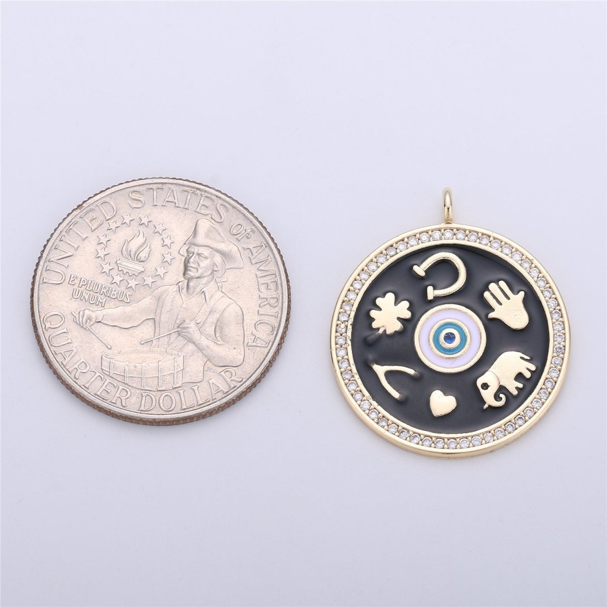 Black White Enamel Talisman Charm Necklace, Gold Filled Coin Round Pendant Lucky Medallion Pendant for Necklace Jewelry Making Supply C-688