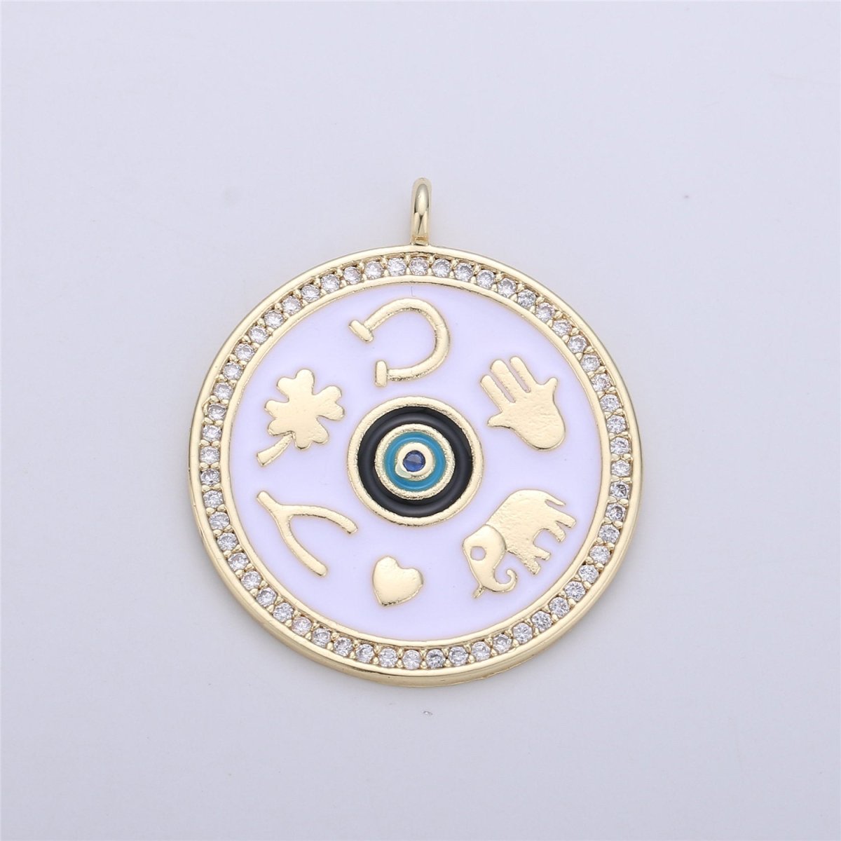 Black White Enamel Talisman Charm Necklace, Gold Filled Coin Round Pendant Lucky Medallion Pendant for Necklace Jewelry Making Supply C-688