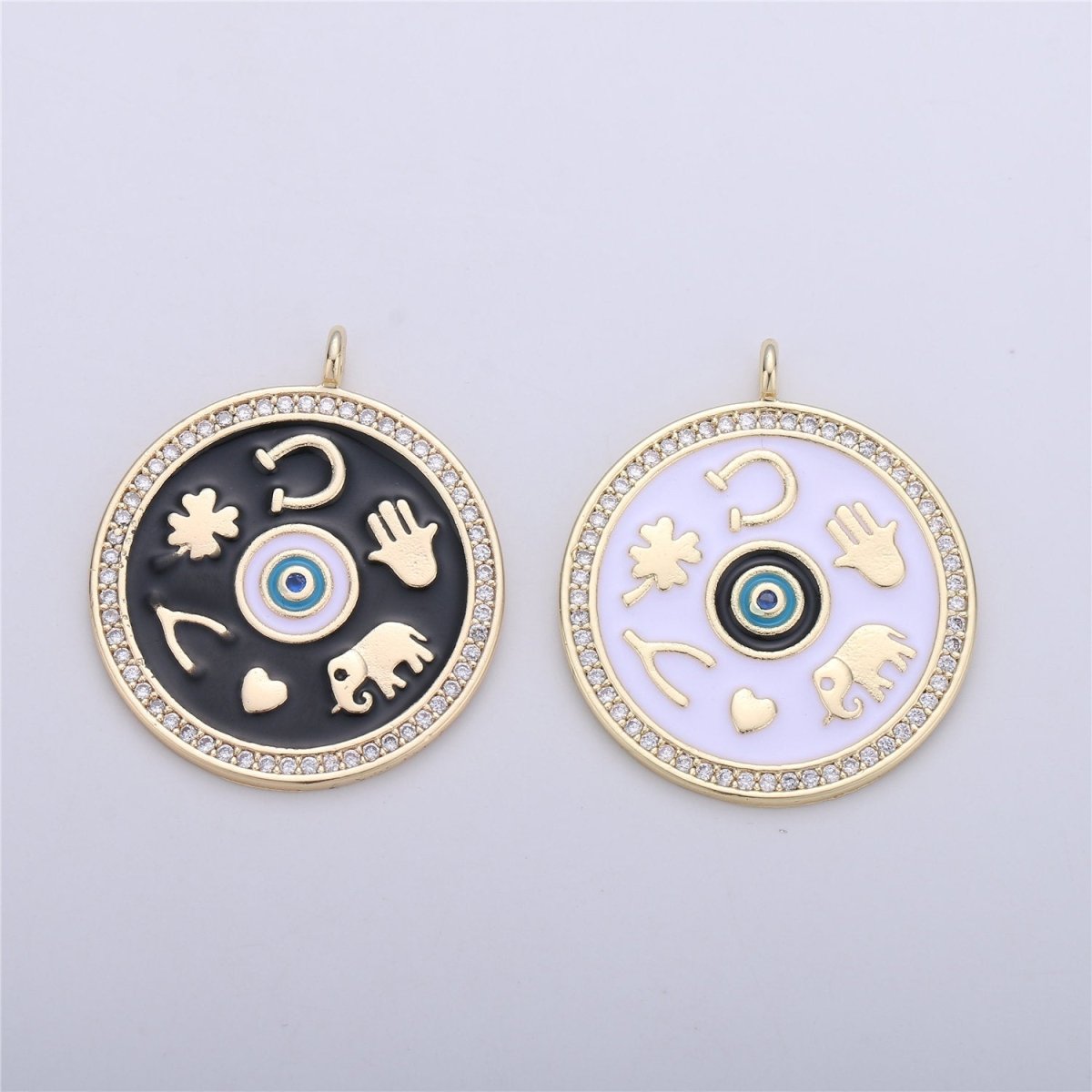 Black White Enamel Talisman Charm Necklace, Gold Filled Coin Round Pendant Lucky Medallion Pendant for Necklace Jewelry Making Supply C-688