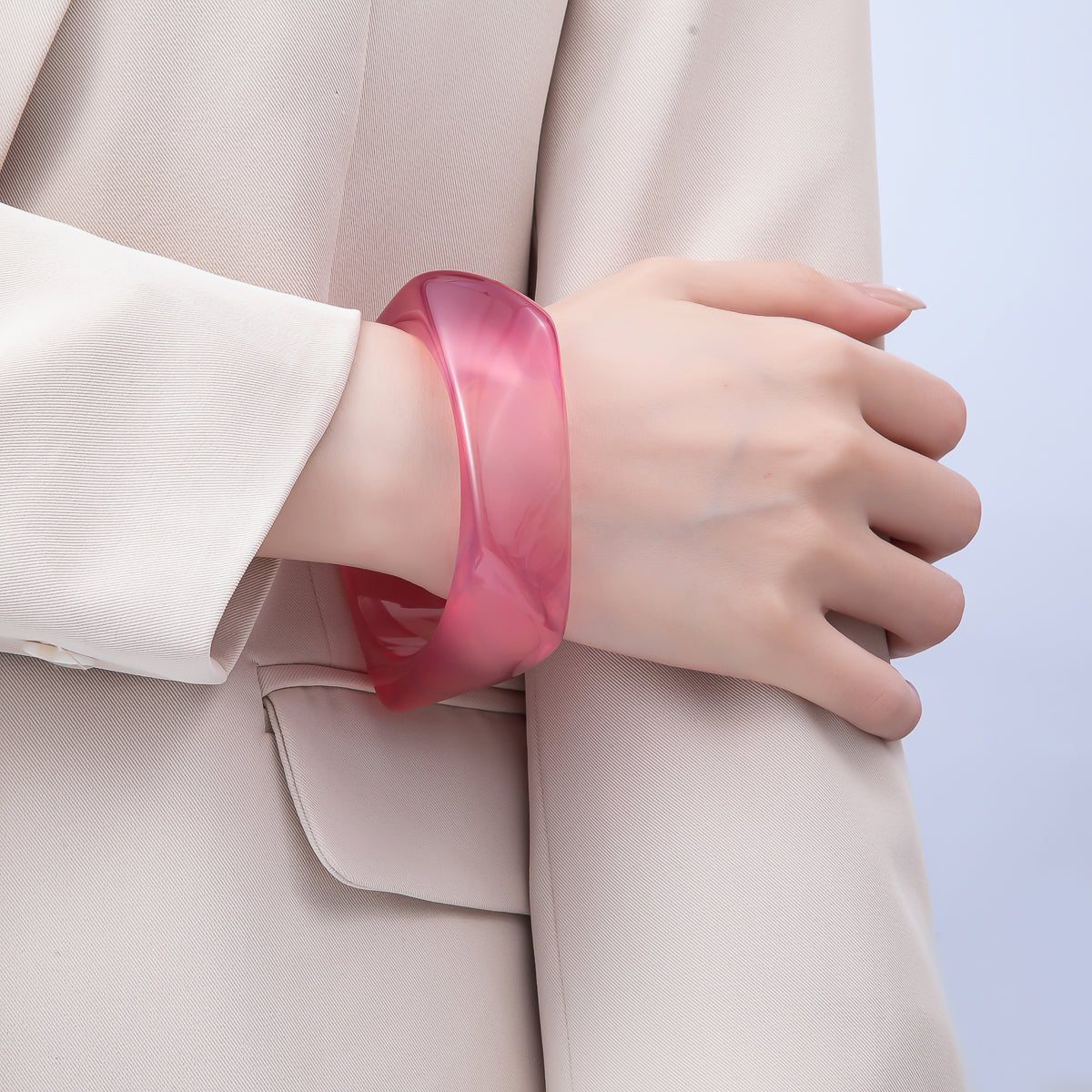 Brown, White, Red, Orange, Blue, Pink, Green, Teal Round Square Wide Acrylic Resin Bangle Bracelet | WA-04388 ~ WA-04438