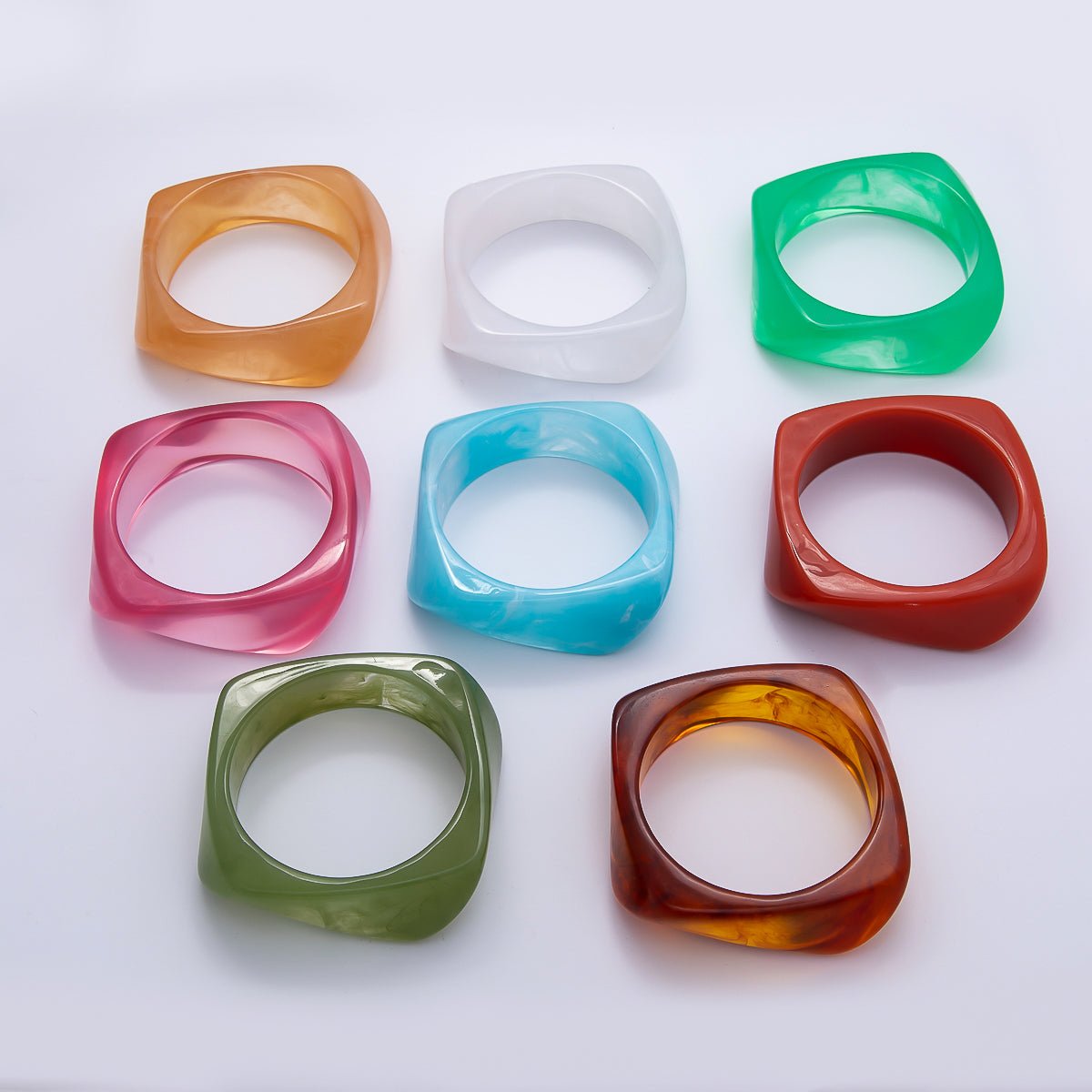 Brown, White, Red, Orange, Blue, Pink, Green, Teal Round Square Wide Acrylic Resin Bangle Bracelet | WA-04388 ~ WA-04438