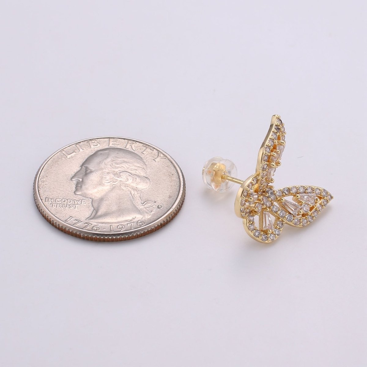 Butterfly Stud, Pavé cz diamonds, cubic zirconia gold Stud earrings, gold Insect Earring, Micro Pave stones, Valentine gift Q-347