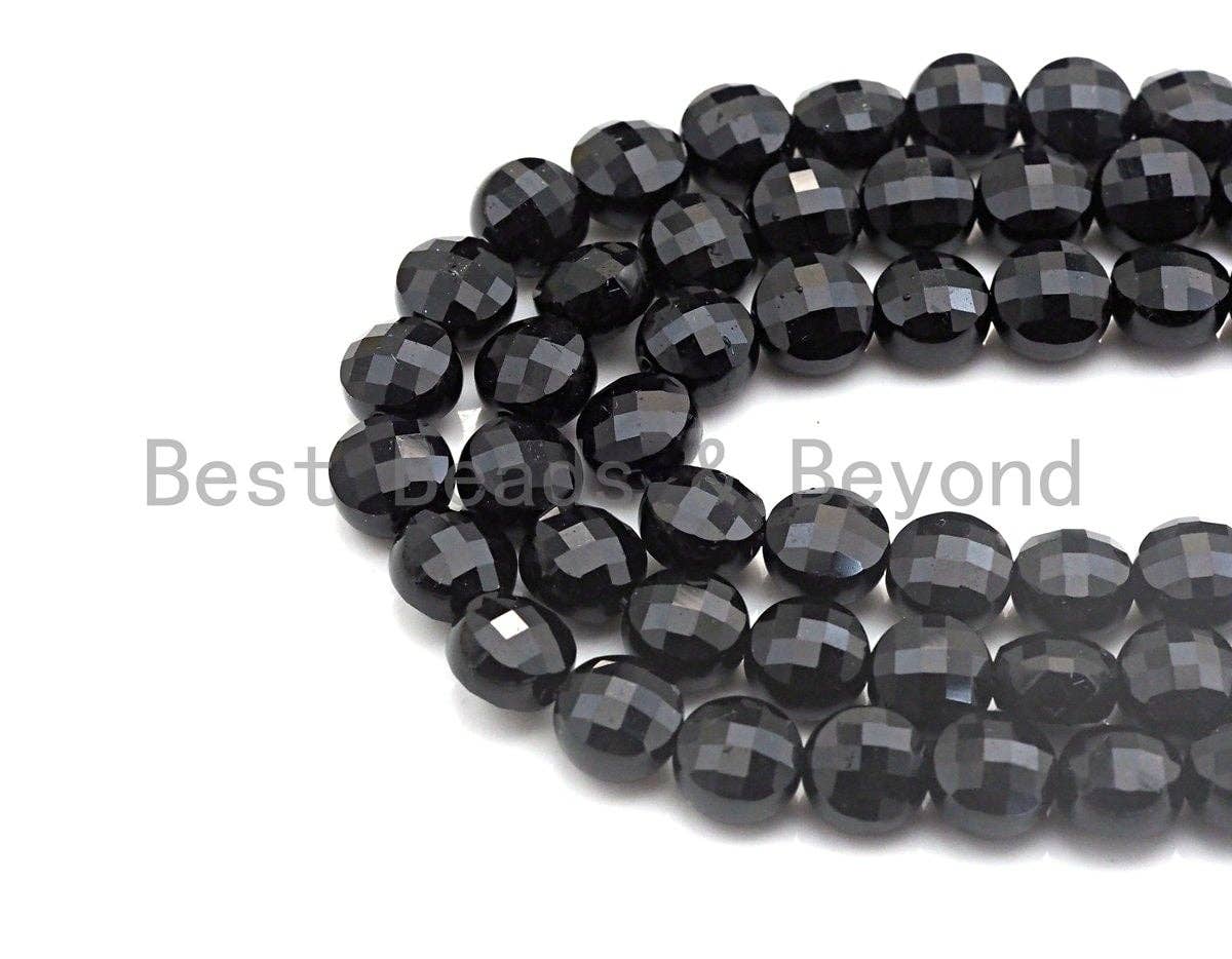 Double Sided Turtle Shell Cut Black Onyx Coin Shape beads, 6mm/8mm/10mm Checkerboard Cut Black Onyx Beads, 16" Full strand, Sku#U693