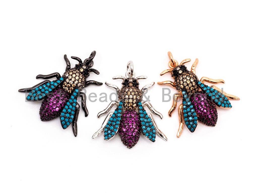 SAWFLY Inspired Charm, CZ Micro Pave Multi Color Insect Pendant, Cubic Zirconia Bug Charm,Gold/Rose Gold/Silver/Black,23x25mm,SKU#F442