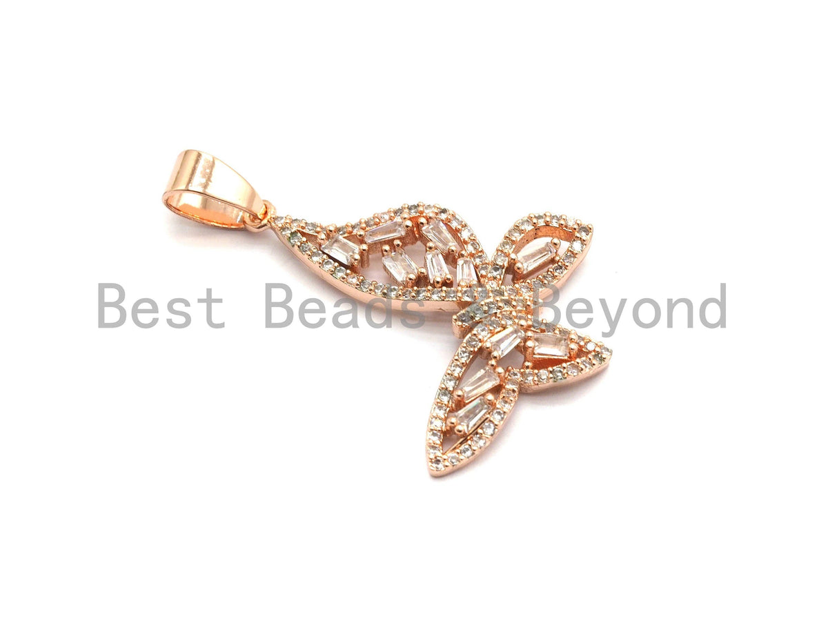 CZ Micro Pave Butterfly Shape Pendant with Baguette CZ cluster, Gold/Silver/Black/Rose Gold Plated Jewelry,29x31mm,sku#F699
