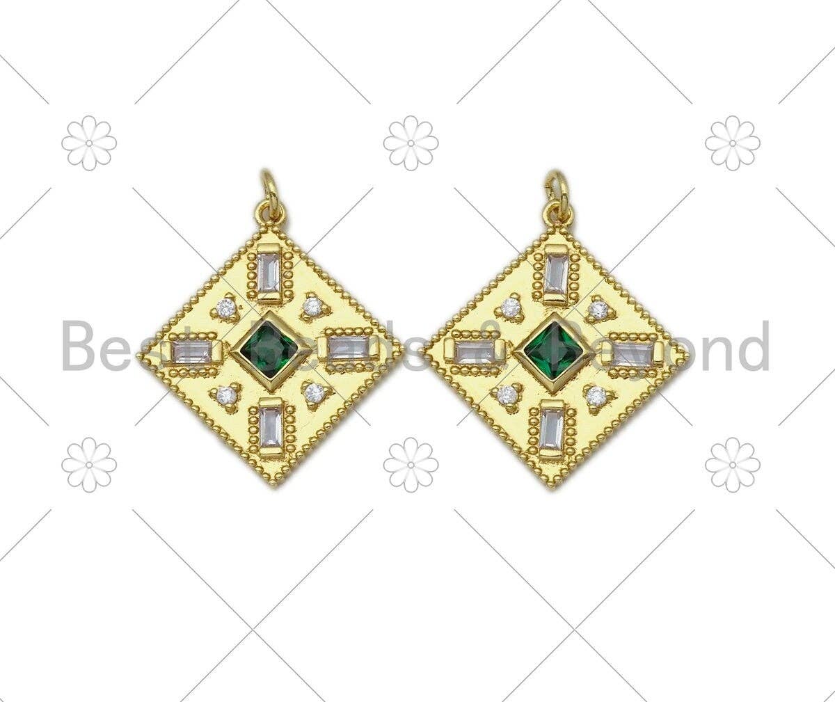 Baguette CZ Micro Pave Rhombus Shape Pendant/Charm, 18K Gold Filled Green CZ Charm,Necklace Bracelet Charm Pendant,28x25mm,Sku#L582