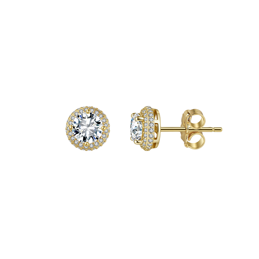 925 Sterling Silver Elegant Gold CZ Halo Stud Earrings with Butterfly Backs