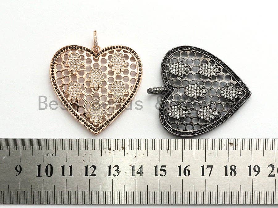 CZ Micro Pave Heart Pendant with hamsa hand, Large Heart Shaped Pendant, Hamsa Hand,Gold/Rose Gold/Silver/Gunmetal plated, 40x41mm, Sku#F558