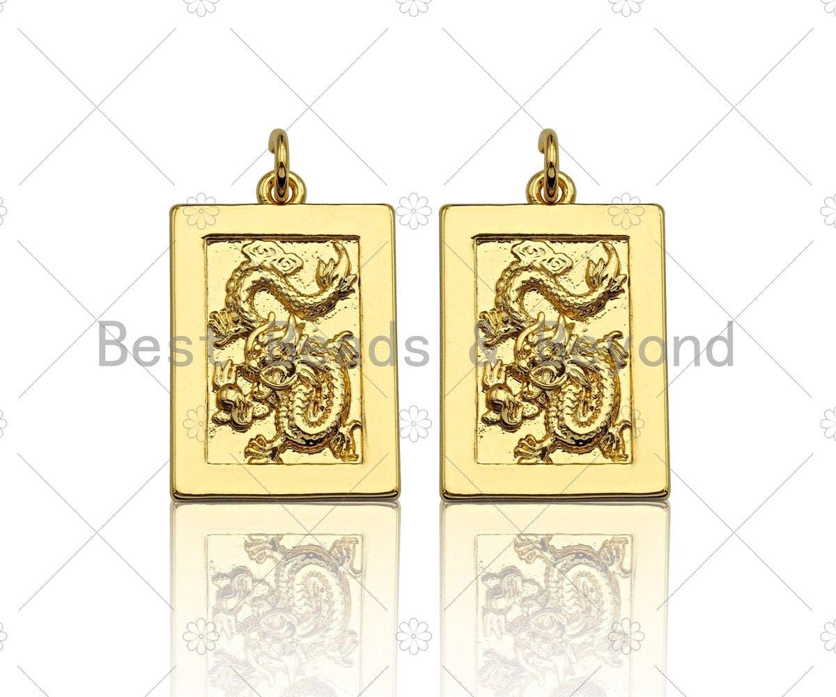 Shiny Gold Medallion Dragon Dog Tag Pendant, Dragon Rectangl