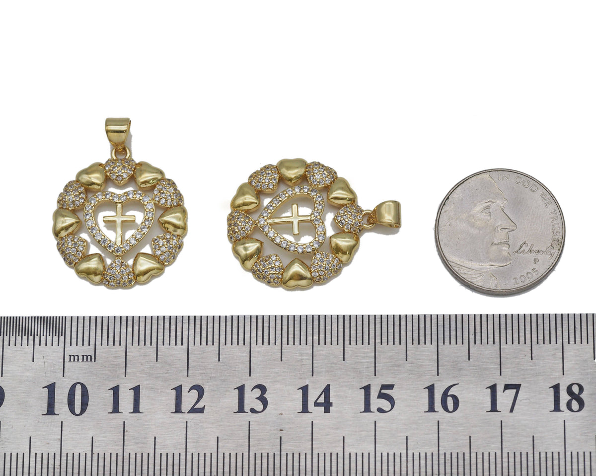 CZ Cross On Round Heart Charm, Sku#LD270