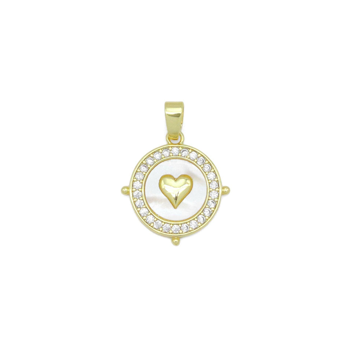 Clear CZ Around Gold Heart On Round Coin Charm Pendant, Sku#LX758