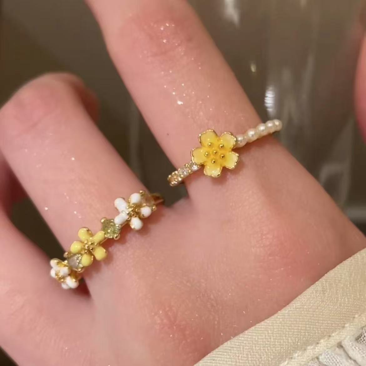 Bohemian Spring Flower Open Ring For Women, Enamel High-End Fashion Index Finger Ring