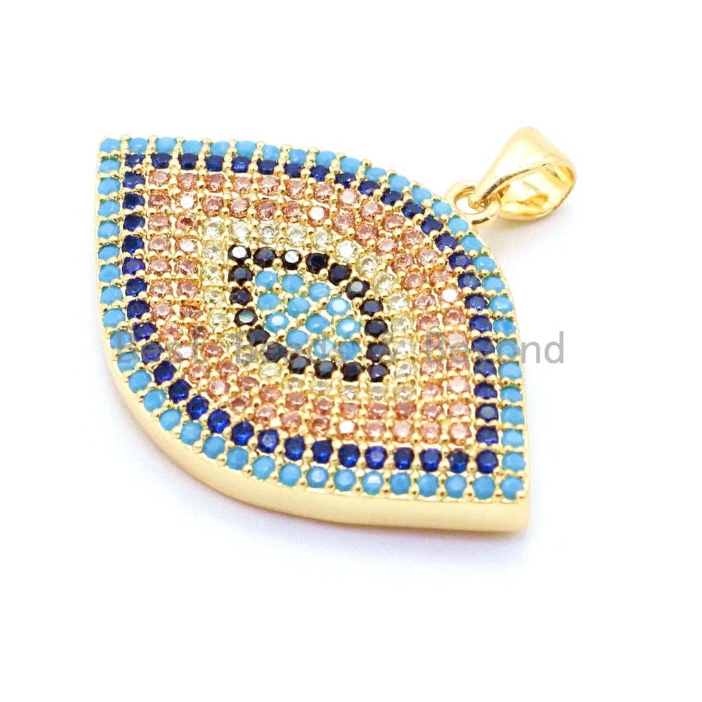 CZ Micro Pave Turquoise Cobalt Marquise Evil Eye Pendant, Cubic Zirconia Pendant,32x28mm, sku#F30