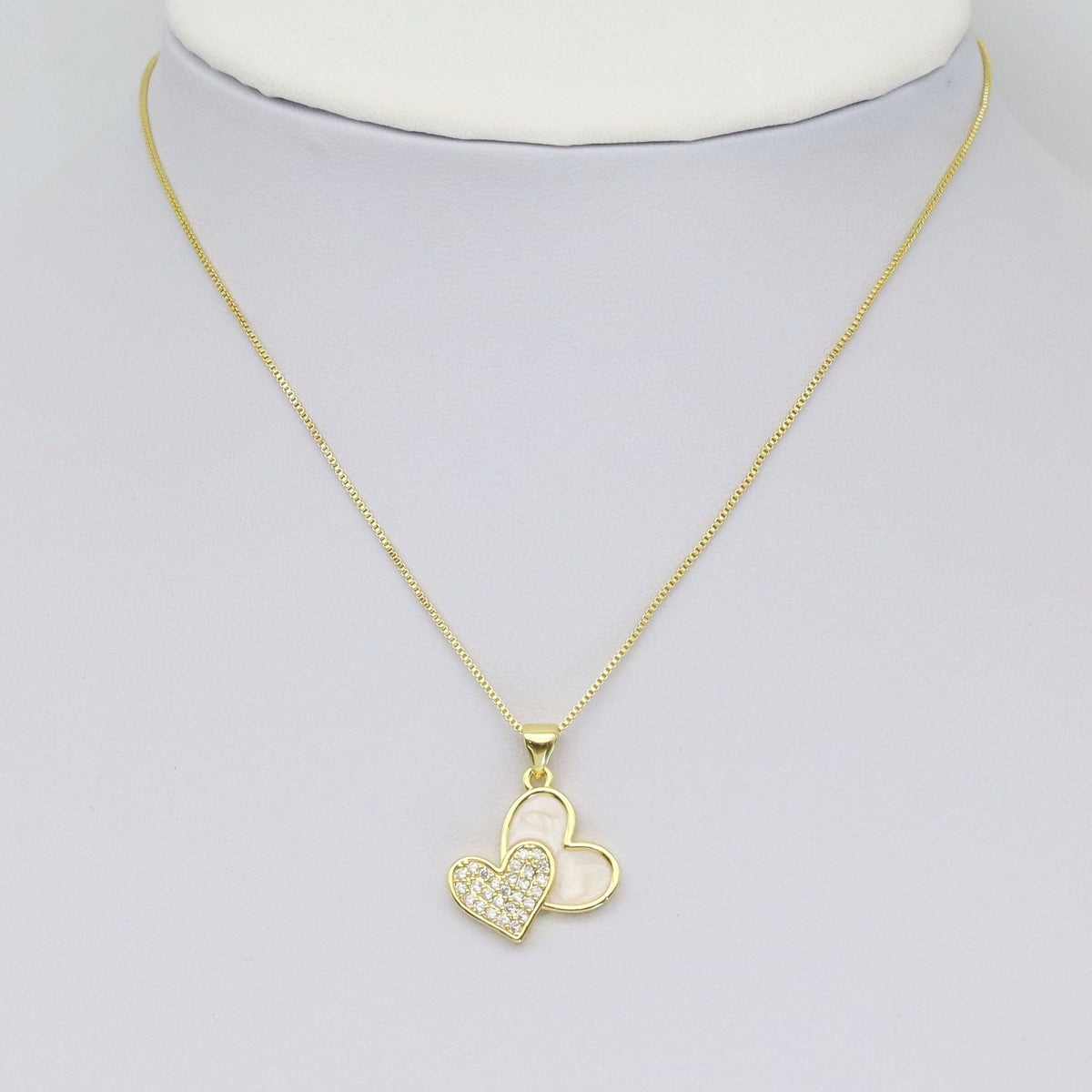 CZ Double Heart White Enamel Gold Charm, Sku#LK923