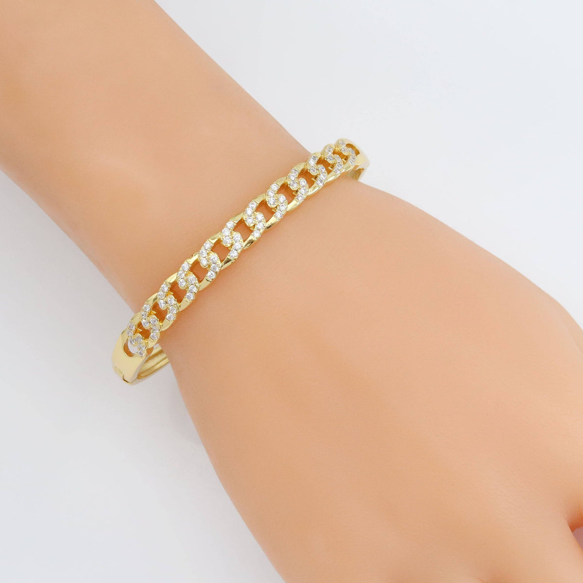 Clear CZ Oval Cuban Link Gold Adjustable Bracelet, Sku#LD548
