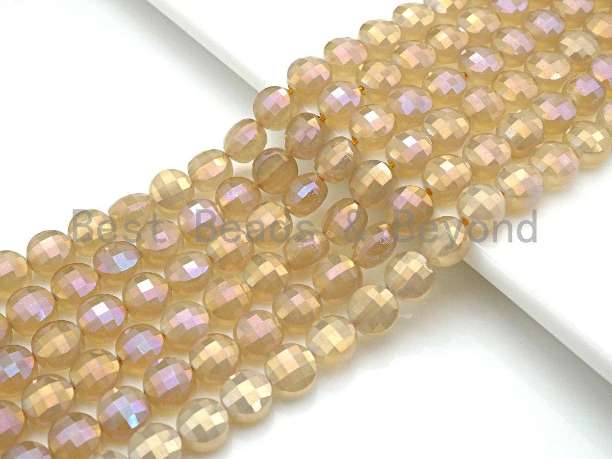 Mystic Plated Gold Agate Checkerboard Cut Coin Shape beads, 6mm/8mm Turtle Shell Cut Gold Agate, 15.5" Full strand, Sku#UA33C