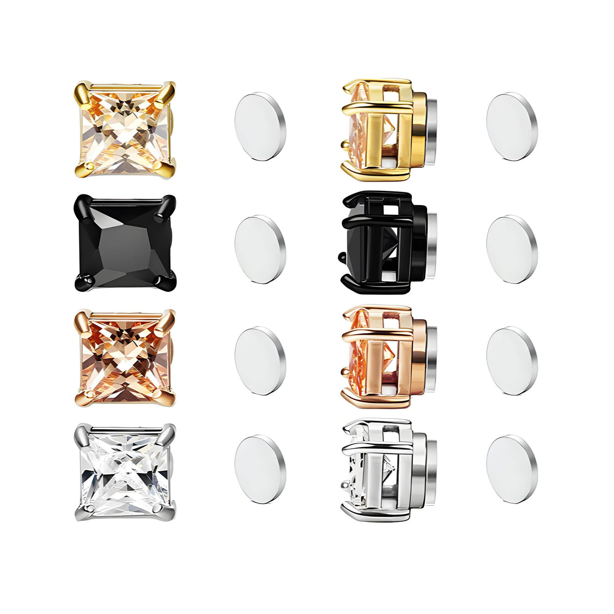Magnetic Princess Cut CZ Stud Earrings for Men Women, Non-Piercing Clip On Studs, 6/8mm Square Cubic Zirconia Stainless Steel