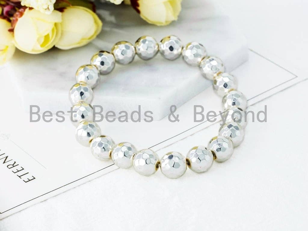 Silver Natural Hematite Stretch Bracelet,8mm/10mm/12mm Gemstone Beaded Bracelet,Gemstone Elastic bracelet,SKU#S61