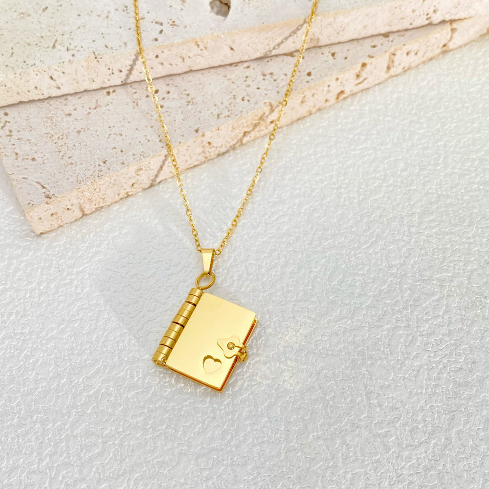 European And American 18k Gold plated Stainless Steel Openable Book Pendant Necklace
