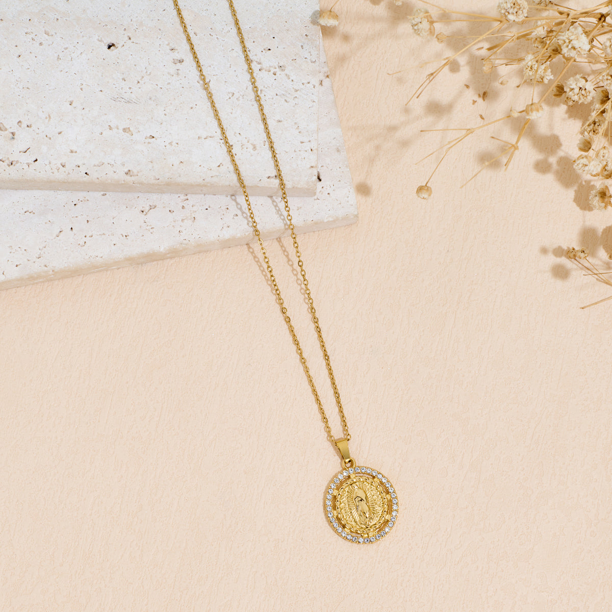 Stainless Steel Inlaid Rhinestone Virgin Mary Pendant Necklace