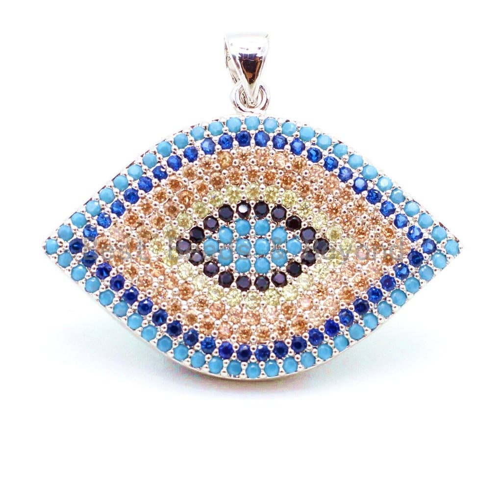 CZ Micro Pave Turquoise Cobalt Marquise Evil Eye Pendant, Cubic Zirconia Pendant,32x28mm, sku#F30