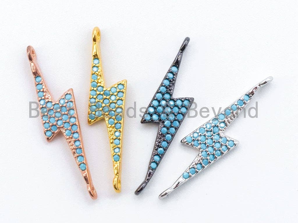 CZ Turquoise Micro Pave Thunder Lightning bolt Connector Charm, Blue Topaz in Gold, Silver, Black& Silver Finish, 5x25mm,sku#M89C