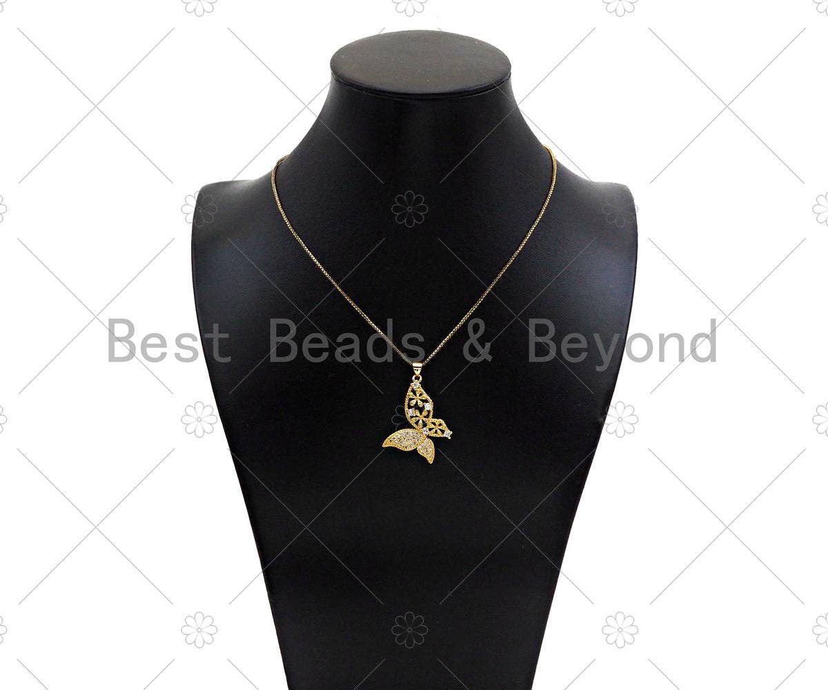 Gold Filled CZ Micro Pave Flower On Butterfly Shape Pendant, 18K Gold Filled ButterflyCharm, Necklace Bracelet Pendant,28x35mm,Sku#LD100