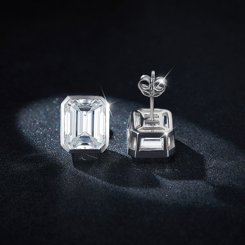 S925 Sterling Silver 8x10mm Emerald Cut Moissanite Stud Earrings  Platinum Plated Geometric Bezel With GRA Certificate Jewelry Gift Box Set