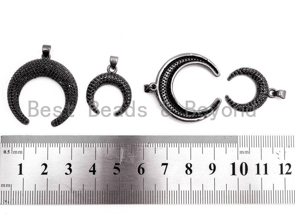Black CZ Pave On Black Micro Pave Crescent Moon Charm Beads, Micro Paved Horn Pendant,30x31/19x22mm, sku#F399