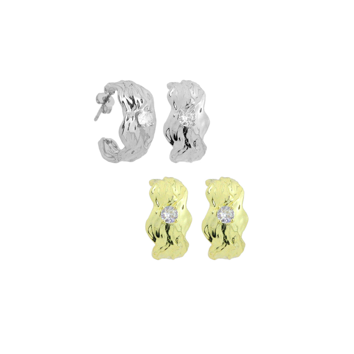 Silver Gold Hammered Hoop Earrings with Diamond, Sku#A469