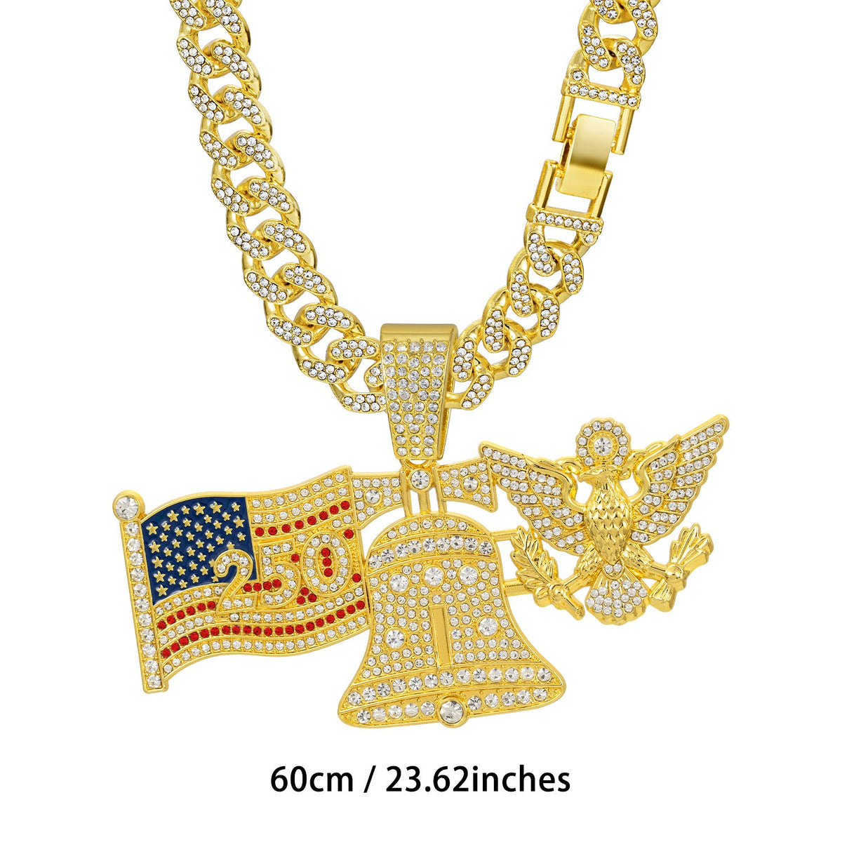 American 250Th Anniversary Liberty Bell White Eagle Pendant Necklace Alloy Diamond-Encrusted Cuban Chain Hip-Hop Accessory