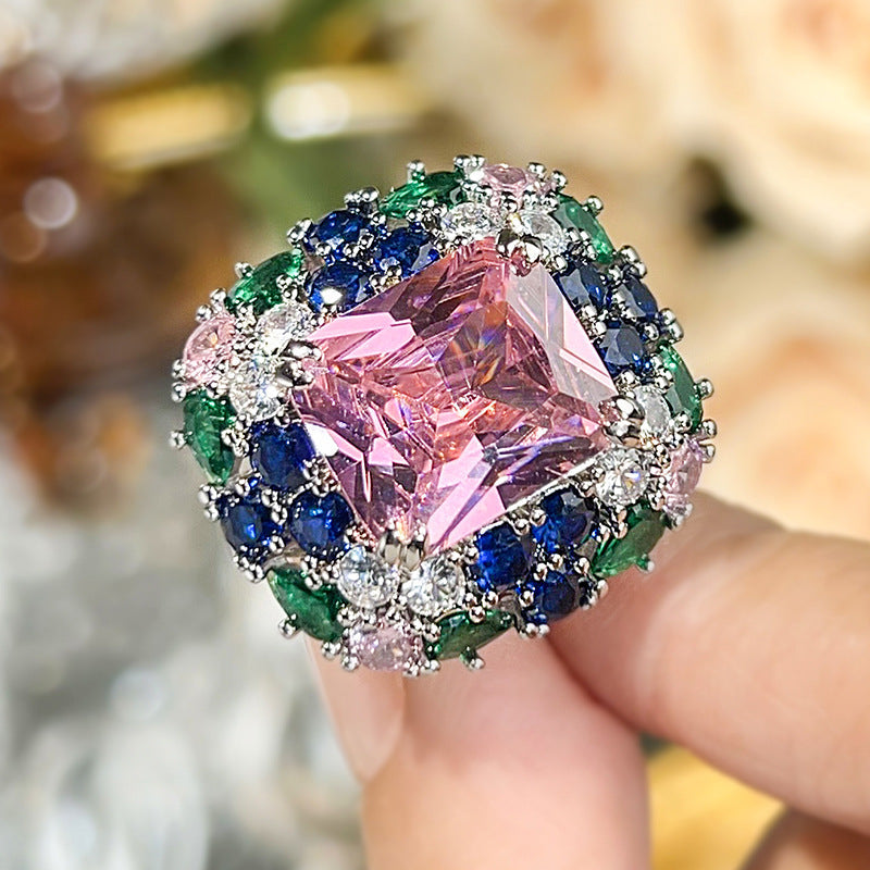 Luxury Oval Cut Simulated Emerald Ring, Multi-Color Gemstone Pave Setting Statement Ring For Women