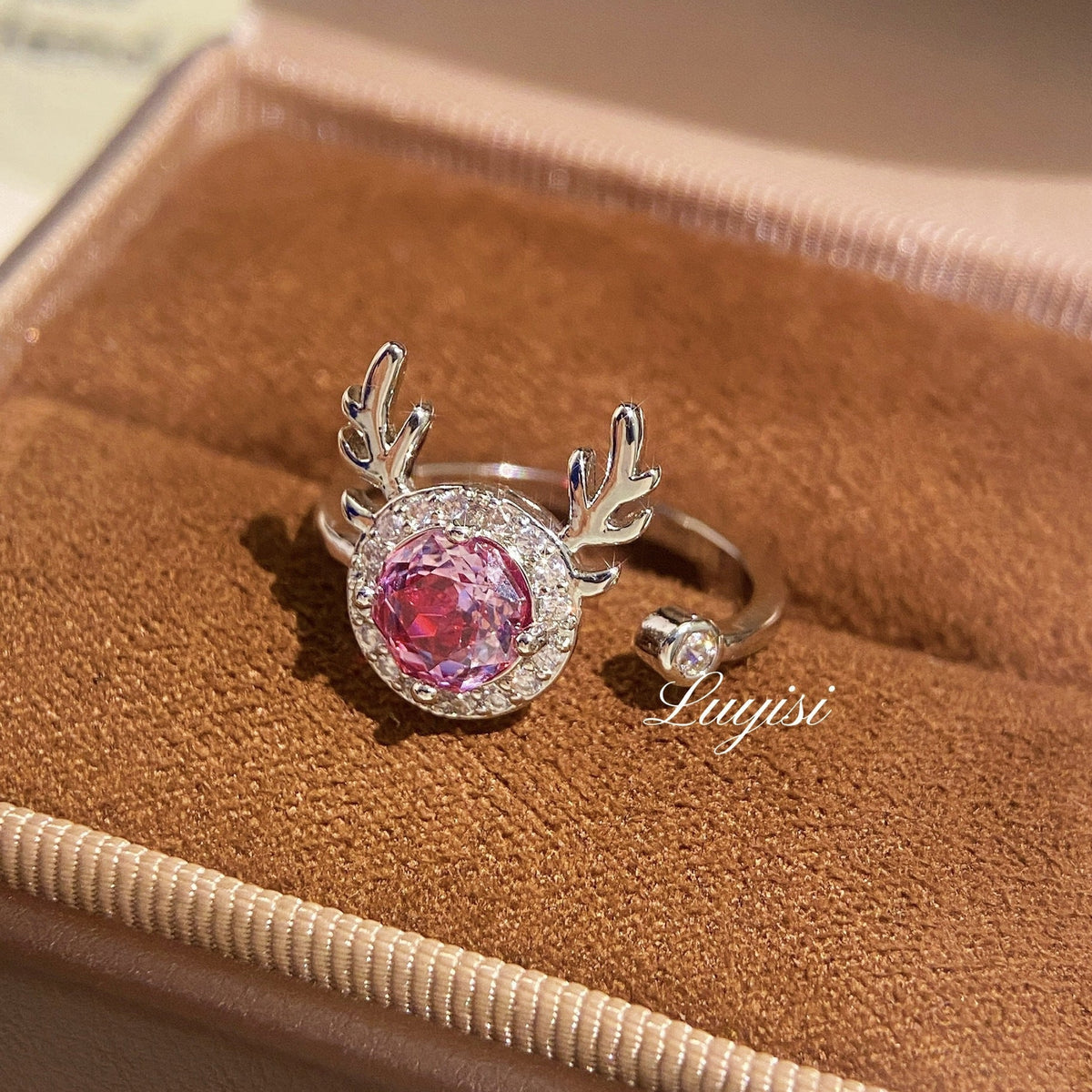 Dainty Purple Crystal Deer Head Ring, Adjustable Stackable Ring, Fashion Jewelry For Women Daily Wear