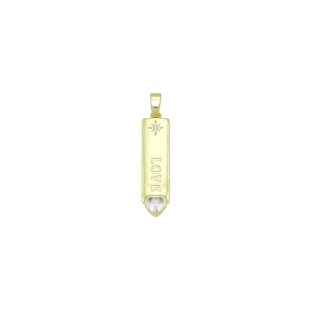 Clear CZ Gold Love Long Bar With Heart Charm Pendant, Sku#LX762
