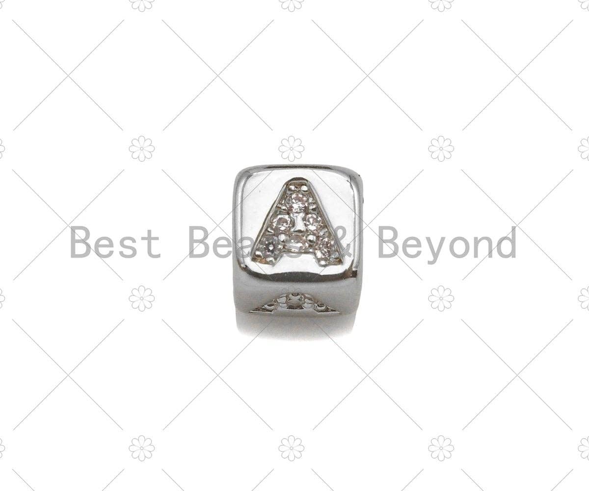 6mm Silver Alphabet CZ Micro Pave Large Hole Spacer Beads, Cubic Zirconia Cube Letter Beads, Initial Letter Beads, sku#JL42