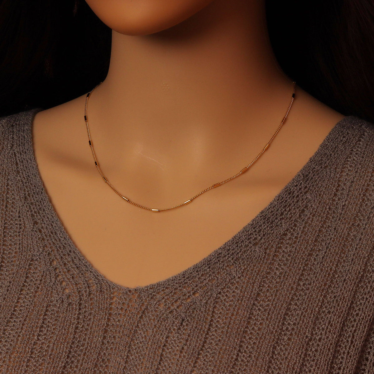 Dainty Gold Bar Chain Link Adjustable Necklace, Sku#LD543