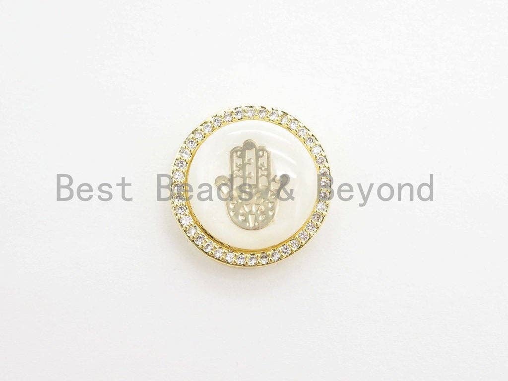 CZ Micro Pave Gilding Hamsa Hand on Mother of Pearl Disc Bea