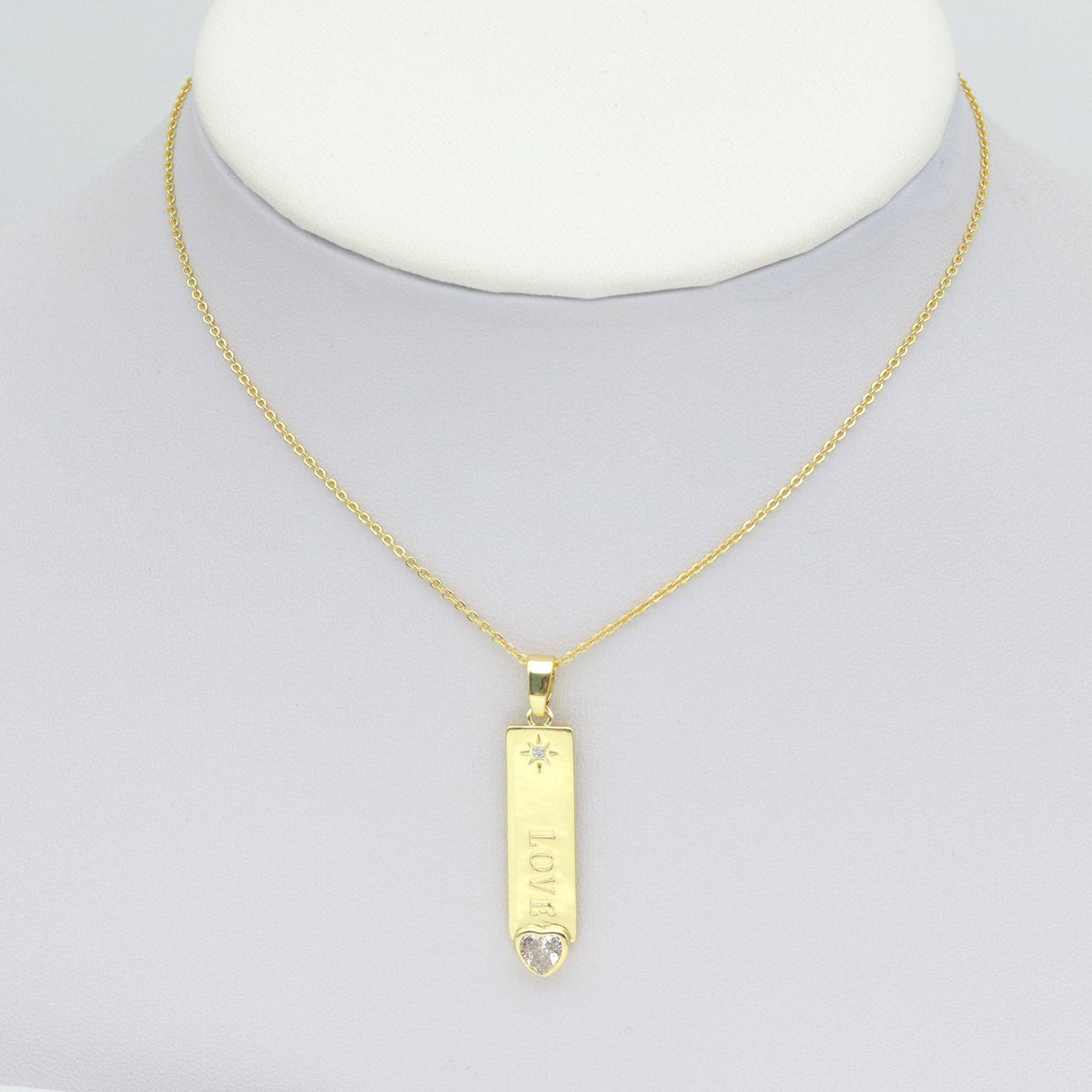 Clear CZ Gold Love Long Bar With Heart Charm Pendant, Sku#LX762