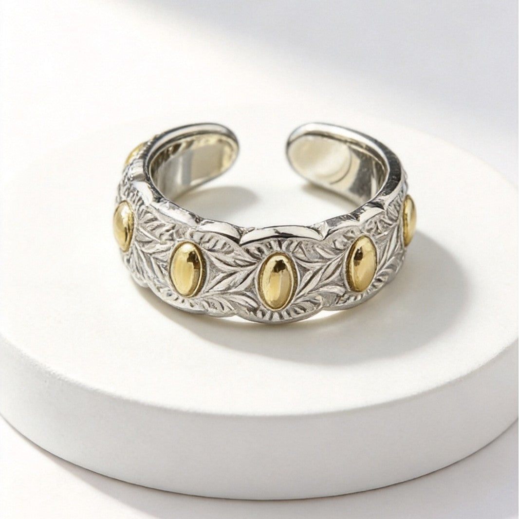 Brass Seven-Grain Rice Ring, Vintage Handcrafted Light Luxury Open Adjustable Band