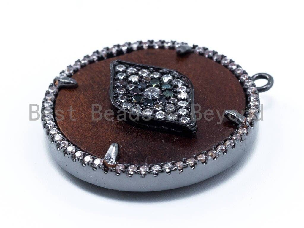 CZ Micro Pave 28x32mm Evil Eye Horn Star Cross on Round Wood Disc Pendant, sku#B50